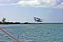 Neil's AirCam taking off from the Anegada Reef Hotel anchorage.