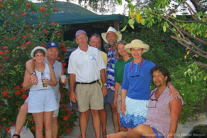 Part of the TravelTalk Online crew at the TTOL get-together at the Top of the Hill bar on Marina Cay.
From the left, Karyl, Fran, Mike Kneafsey, Herve, Walker, Jennifer Kneafsey, Gaetan ( the Judge), and Erich (Stinky).