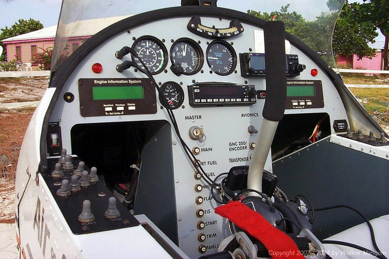 The instrument panel of Neil's AirCam twin-engine seaplane. The Leza AirCam airplane is not an ultralight - it is a fully FAA certificated aircraft.
