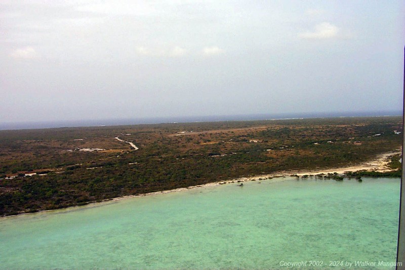 Approaching the Settlement on the southern shore of Anegada. Anegada'a Capt. Auguste George Airport is visible near the center, and the north shore and Loblolly Bay are at the top.