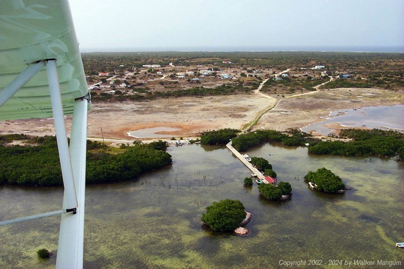 View from Neil's AirCam of Anegada's Settlement. In the foreground is the Settlement's dock and 