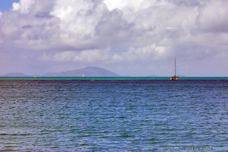 The catamaran aborting its ill-fated approach to Anegada. Apparently, someone on the bow saw the reef and that there was no passage through it. The skipper slowly motored away then followed another boat in that knew how to properly approach Anegada.