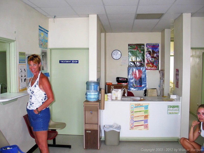 Nancy getting Walker's prescription at the Anegada Clinic