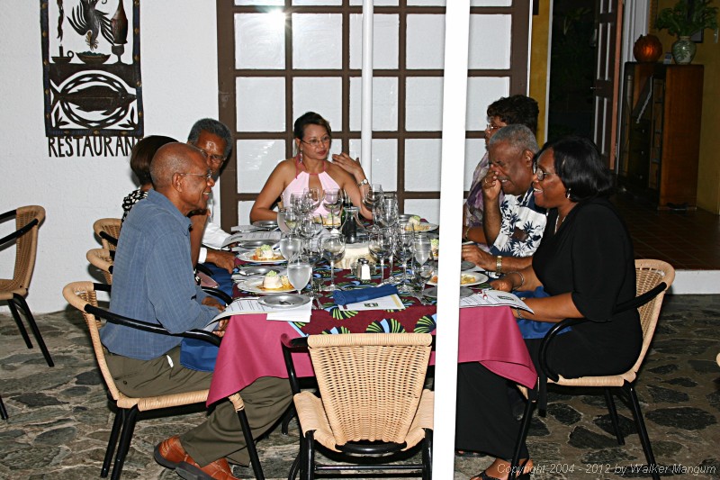 Taste of the Caribbean Competition
Fundraising / Chef's Practice Dinner
Brandywine Bay Restaurant

The VIP table. Starting on the near left side are Audley Maduro (chariman of the BVI Chamber of Commerce and Hotel Association), his wife Delma, Chief Minister Dr. Orlando Smith, Monica, Nadine Battle (Executive Director of the BVICCHA), former Chief Minister Ralph T. O'Neal,  and his wife Edris.