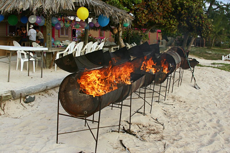 Grills fired up, dinner guests at the bar.