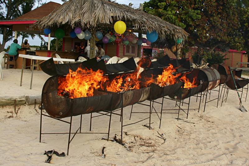 Grills fired up, dinner guests at the bar.
