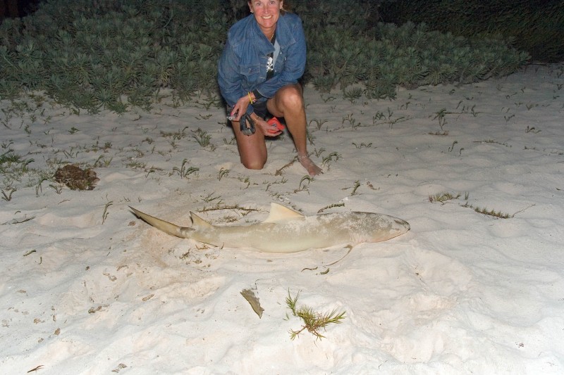 Nancy with her 4-foot lemon shark - caught in our front yard.