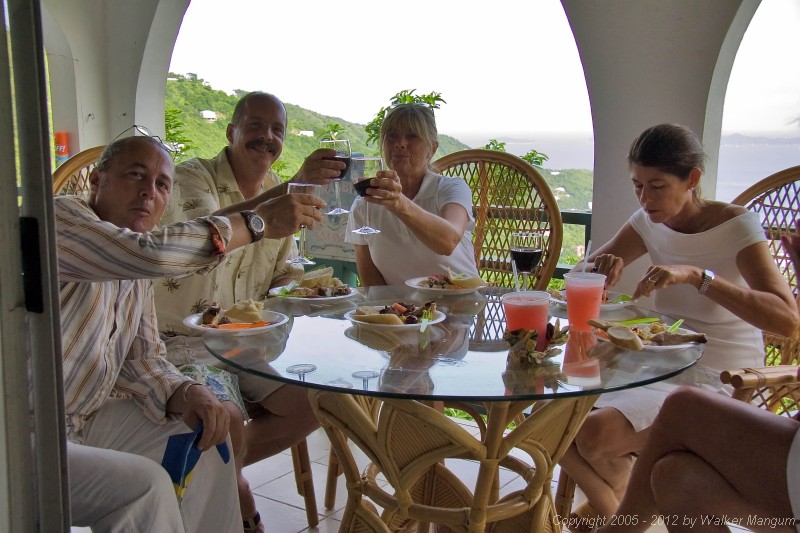 Barbecue time at Chef Andy Niedenthal's house: Davide, Mike Morphew, Kay Schwartz, Cele. Andy is the executive chef at Peter Island Resort.